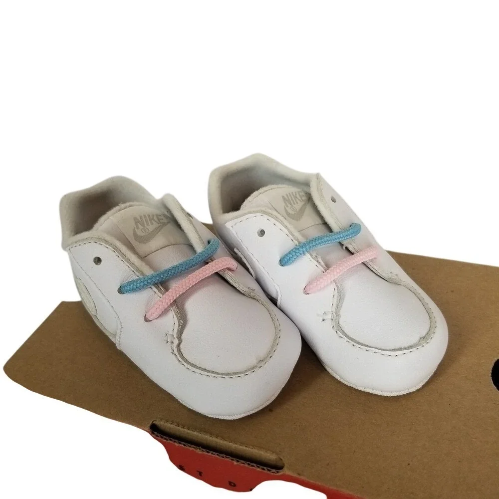 Nike Baby Crib Shoes White Leather Pink Blue Laces Infant Toddler‎ Vintage 90s
